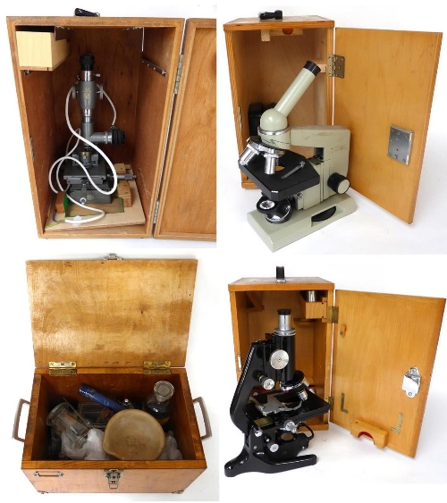 Microscopes a collection of three student microscopes (all cased) together with a Cambridge