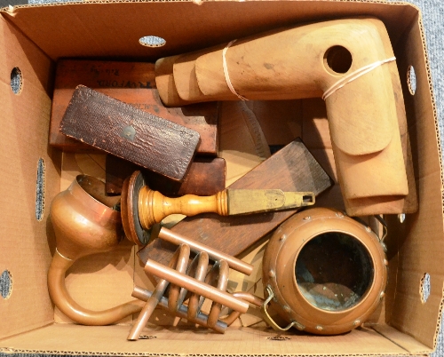 Various Instruments including two scalpel sets, chemical samples in wooden box, three wooden arm