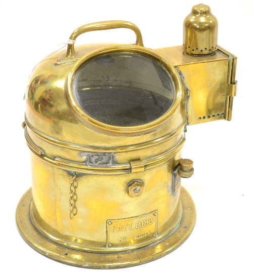 Ships Binnacle Compass Patt.0183 in brass case numbered 19792 with box to side containing oil lamp