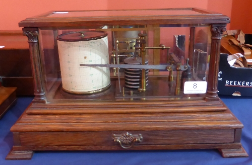 19th Century Barograph with eight part vacuum section, brass pivots and supports, in oak case with - Image 2 of 4