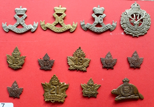 A Collection of Thirteen First World War Canadian Cap and Collar Badges, to the 16th Infantry (The