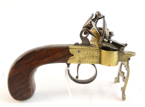 An 18th/19th Century Flintlock Tinder Pistol, with steel frizzen pan cover and hammer, brass