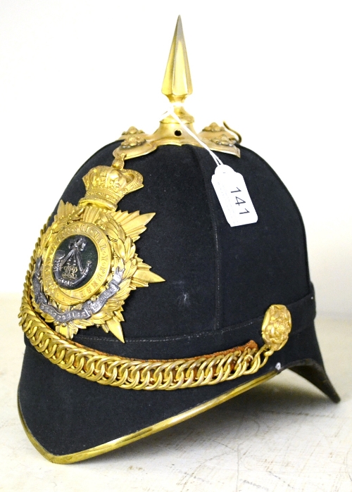 A Victorian Officer`s Spiked Green Cloth Helmet to the Shropshire Light Infantry, with gilt brass