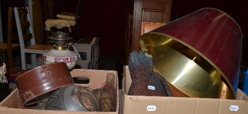 A leather desk set, Victorian oil lamp, two ornamental hens, collar box, Crawfords tin, plaster