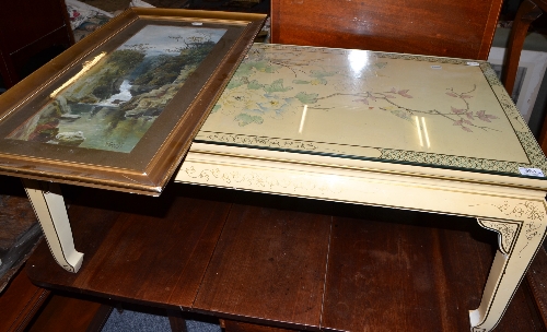 A study of a waterfall signed J.Smith, two woolwork pictures and a cream painted chinoiserie table