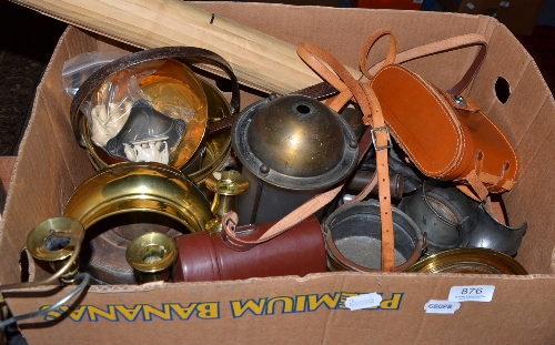 Pewter plates and chargers, physiology charts, assorted brassware, pair of binoculars, early 20th