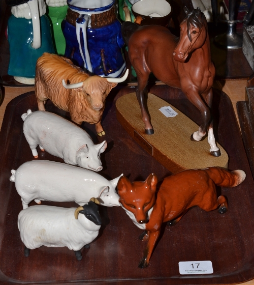 Six Beswick animals including a bull, Spirit of the Wind horse, fox, two pigs and a sheep (6)