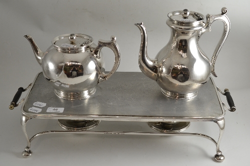 Early 20th century plated double heating tray and a plated teapot and coffee pot