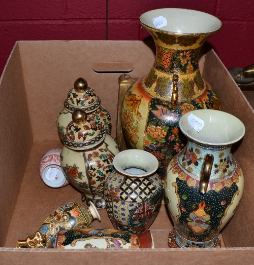 Two Kutani bottle vases, other modern Oriental pottery including a small Satsuma vase and a