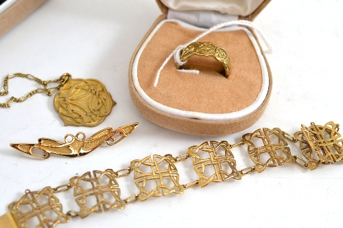 A ring, bracelet, brooch and pendant on chain, `Celtic Gold`, made on the Isle of Man