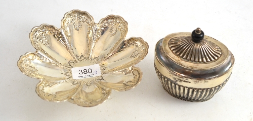 Edwardian silver octafoil pedestal dish and silver semi-fluted tea caddy