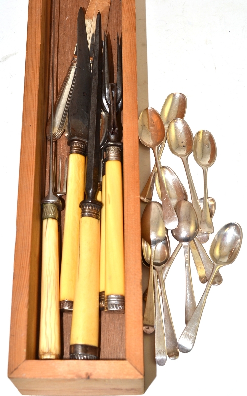 Thirteen Georgian silver teaspoons, pair of Irish Dublin knives, ivory-handled knife and fork and