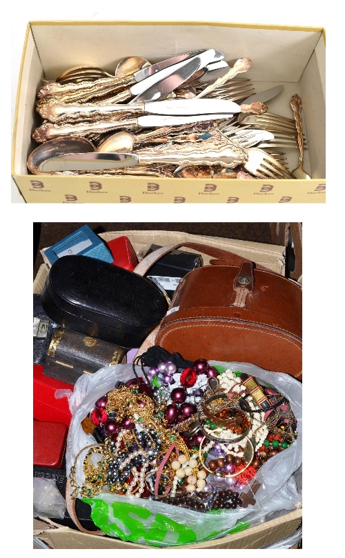 A large box of costume jewellery, watches, plate etc