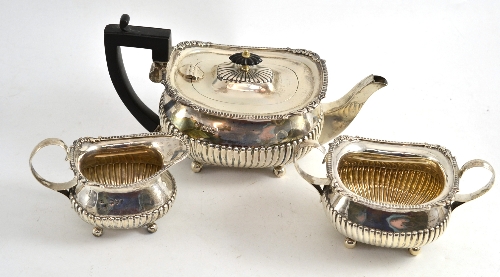 Silver three piece semi-fluted tea service