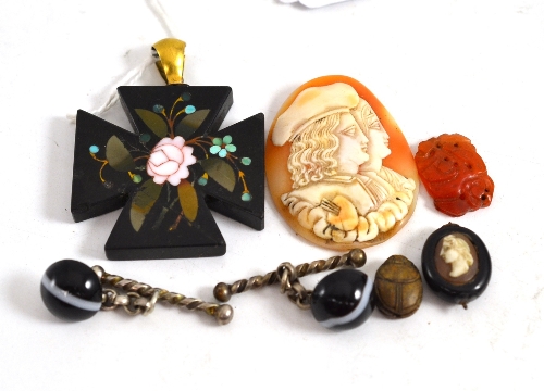 An Ashford marble cross, a pair of sardonyx cufflinks, a scarab, a cameo etc