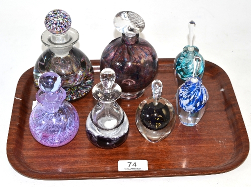 Large CG Glass scent bottle and stopper with multi coloured base and top, 14cm by 9cm; modern