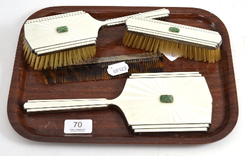 An Art Deco silver, enamel and jade four piece dressing table set