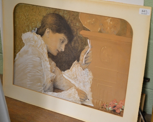 Print of a lady reading and two sporting silk stevengraphs `The Last Lap` and `Full Cry` (a.f.)