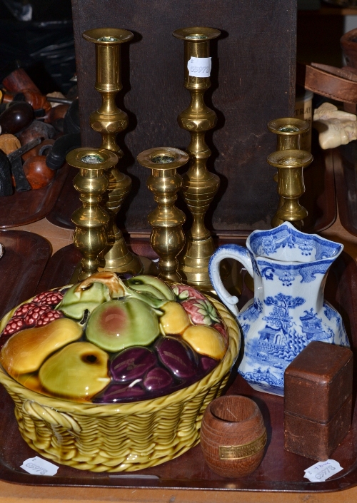 Three pairs of brass candlesticks, miniature barrel from HMS Duke, Sarreguemines basket etc