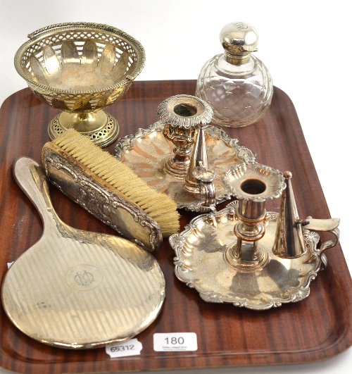 Tray including a pair of chambersticks, silver topped scent bottle, silver hand mirror etc