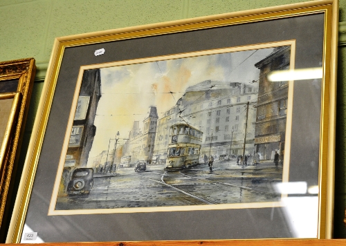 P N Entwistle, trams on Church Street, Liverpool, framed watercolour