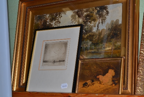 An oil of a river landscape, a similar oil of a dog and hen and an etching (3)