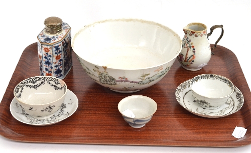 Chinese polychrome bowl with Kangxi mark, silver mounted Chinese Imari caddy, silver handled cream