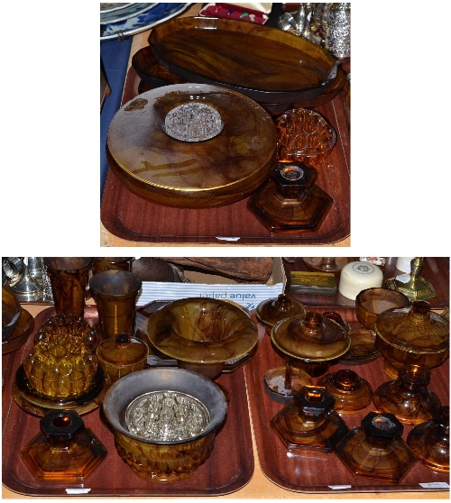 Three trays of amber coloured Cloud glass including dressing table trays, candlesticks, vases,