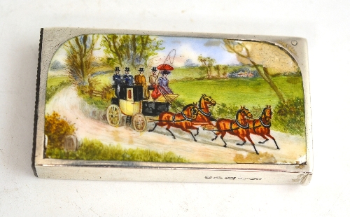 A silver and enamel vesta case, Sampson Mordan & Co, Chester, decorated with a coaching scene
