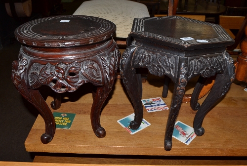 A Chinese carved jardiniere stand and another with hexagonal top