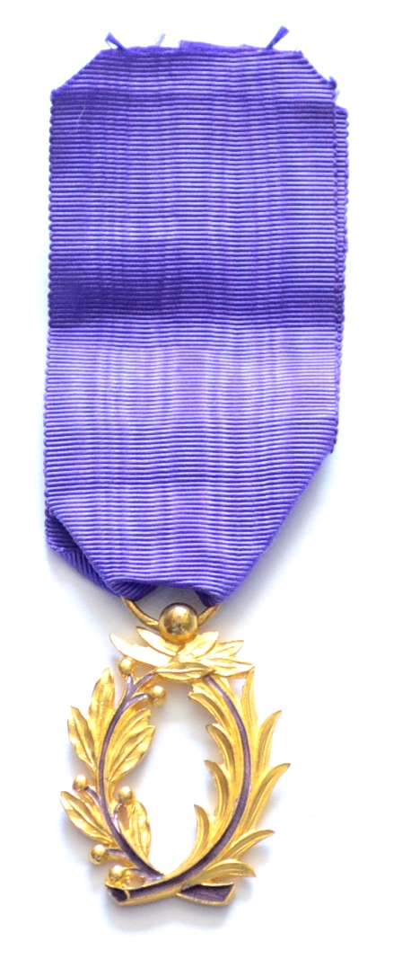 A French Second World War Officer`s Palmes d`Academie Decoration, in gilt metal and purple enamel,