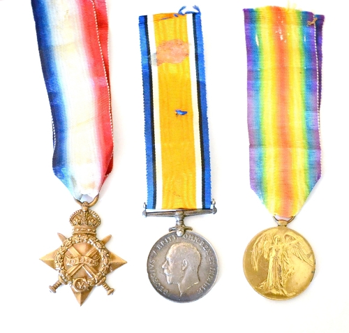 A First World War Trio, awarded to 13308 PTE.T.MANN. N.STAFF.R., comprising 1914-15 Star, British