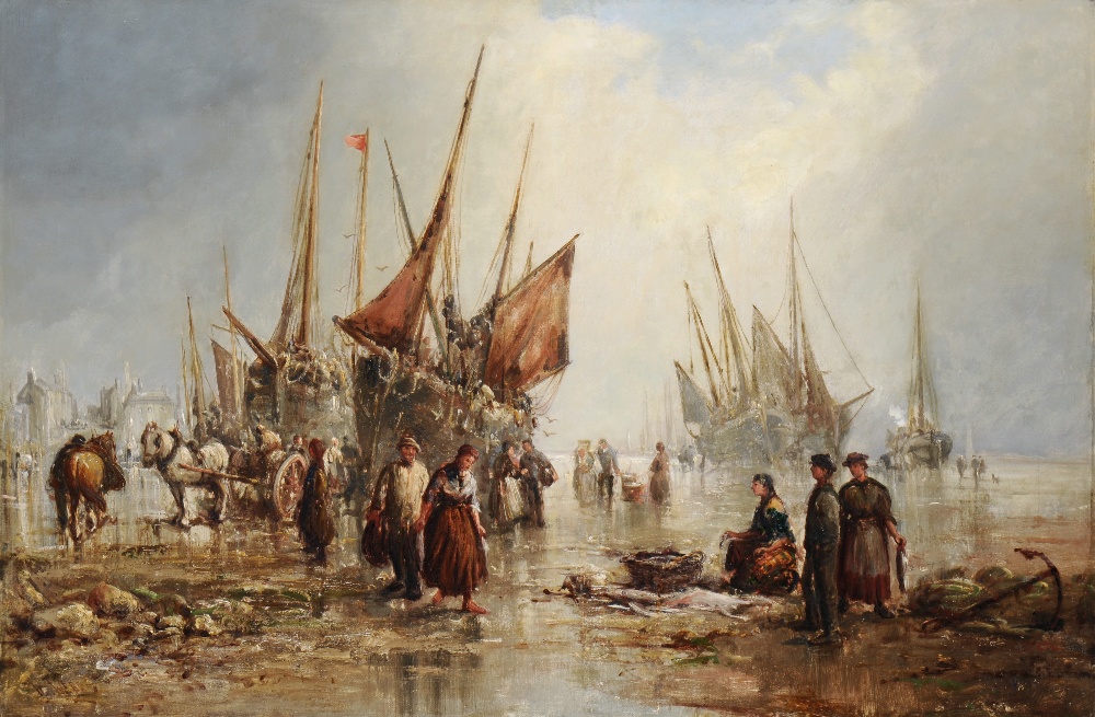 William Edward Webb (circa.1862-1903) A bustling shore scene with figures and vessels Signed, oil