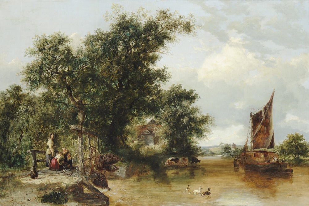 Circle of Henry John Boddington (1811-1865) Summer river landscape with a mother and children on a