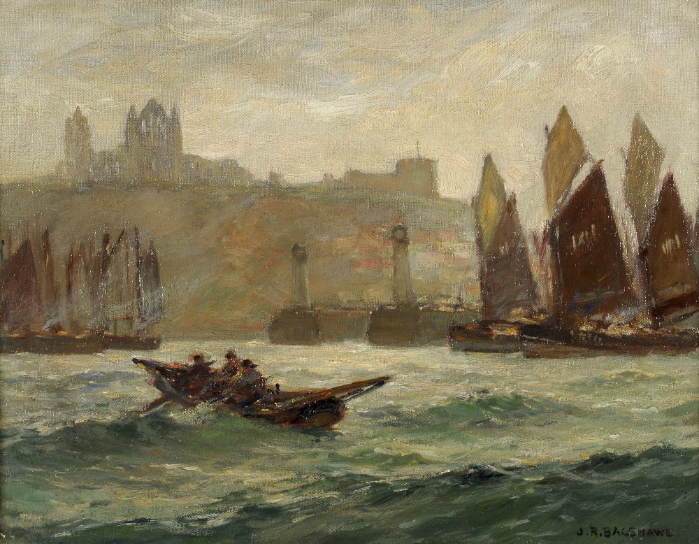 Joseph Richard Bagshawe RBA (1870-1909) Fishing boats at the entrance to Whitby Harbour with the