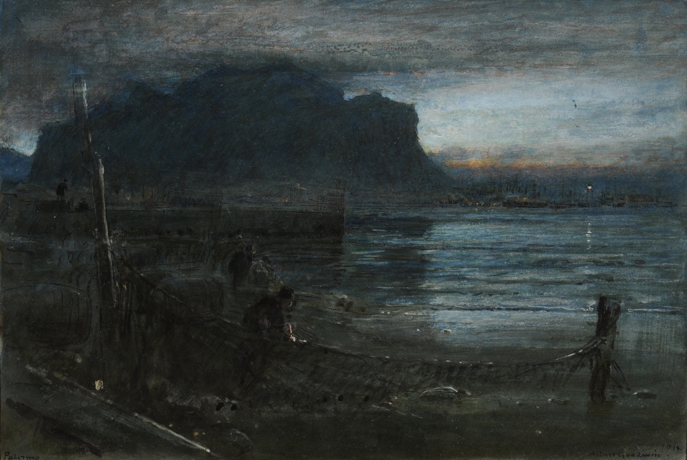 Albert Goodwin RWS (1845-1932) ``Palermo`` Signed, inscribed and dated 1914, mixed media, 25cm by