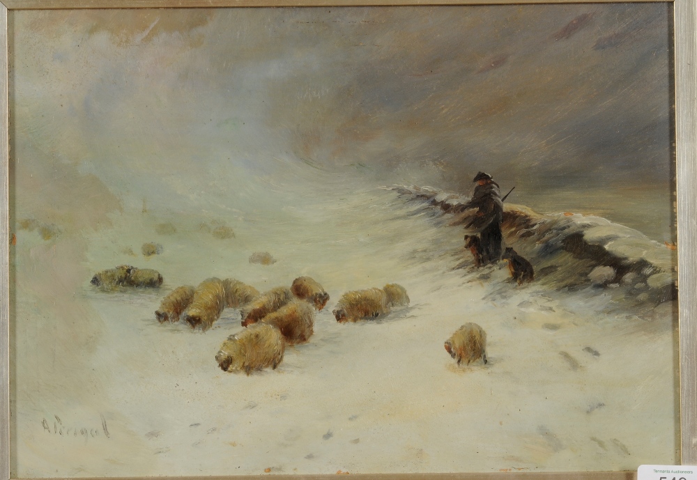 Arthur Perigal Jnr RSW, RSA (1816-1884)  A flock of sheep and shepherd in heavy snow  Signed, oil