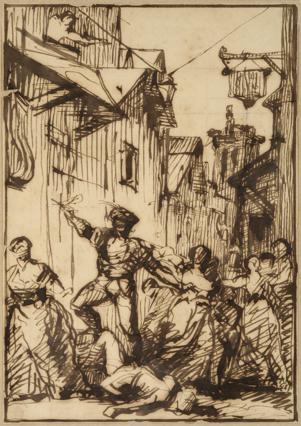 Circle of Eugène Delacroix (1798-1863) A bawdy street scene Pen and ink, 19cm by 14cm