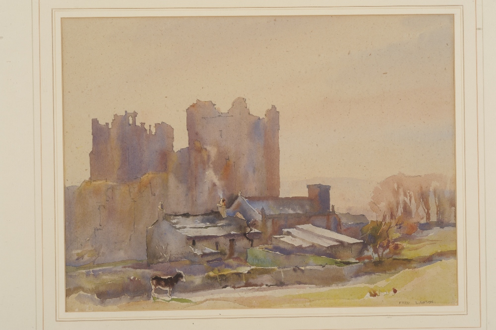 Frederick (Fred) Lawson (1888-1968) A donkey and buildings before Bolton Castle  Signed, pencil and
