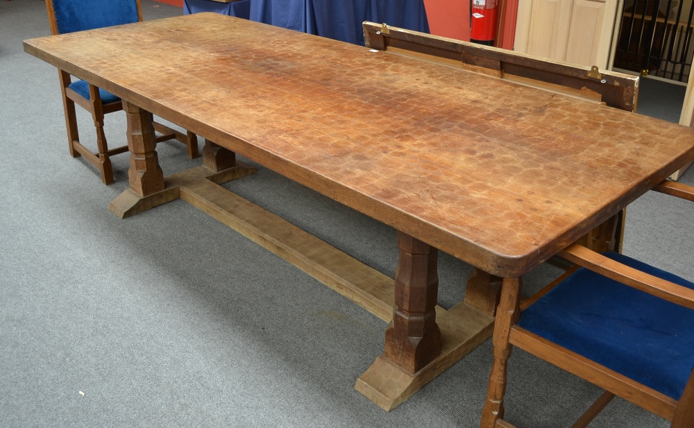 A Yorkshire School 9` Oak Dowelled Top Refectory Table, on four octagonal turned legs joined by a