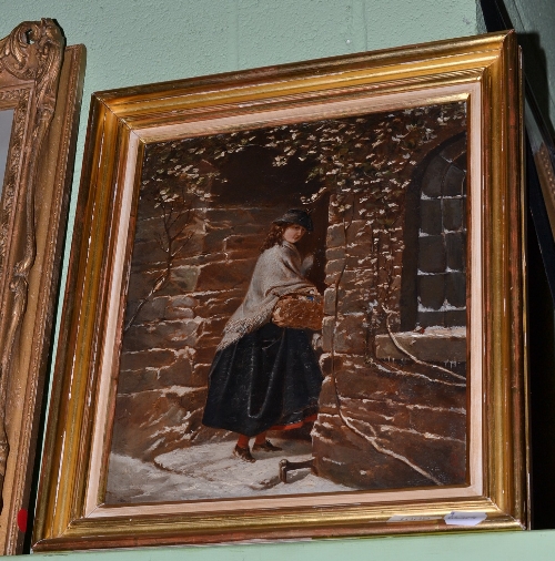 British School (19th century) A lady in a doorway carrying a basket, signed with artist`s monogram