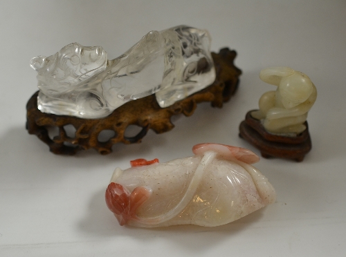 Small carved jade monkey, polished stone carved leaf, rock crystal animal on stand (a.f.)