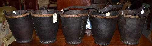 Five leather fire buckets
