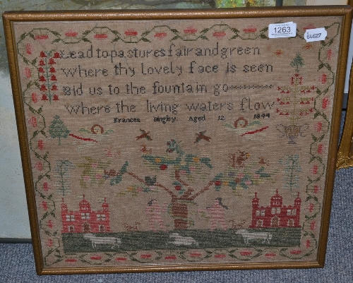 Adam and Eve sampler worked by Frances Bingley aged 12, dated 1844 with verse and decorative