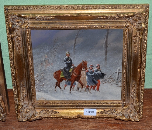 Christian Sell (1856-1925) Soldiers in a winter landscape, signed, oil on canvas, 23.5cm by 25.5cm