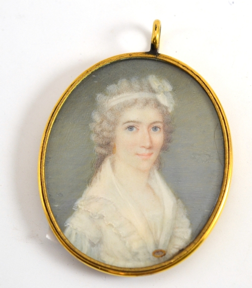 English School, late 18th century, portrait of a lady, bust length, wearing a white silk dress and