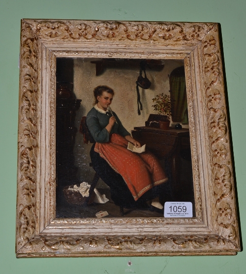 Continental School (Late 19th century) The Letter - A young lady reading a letter seated in an