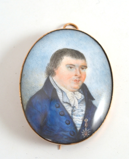 English School, circa 1800, portrait of a gentleman, half length, wearing a blue coat with pinned
