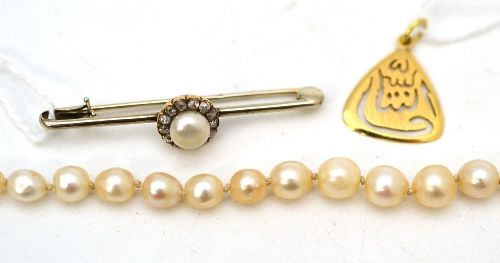 A pearl and diamond bar brooch, a button shaped pearl within a border of old cut diamonds, length