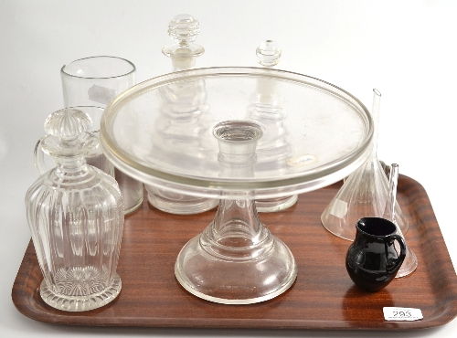 A tray of decorative glass including Victorian footed salver, two ringed conical decanters and